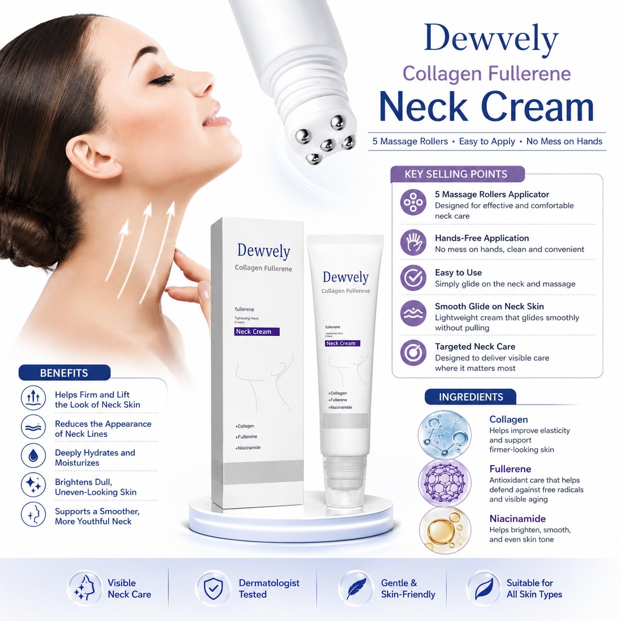 Roller Massage Neck Cream 🧴 Collagen & Hyaluronic Acid | Firms Neck, Reduces Wrinkles & Double Chin