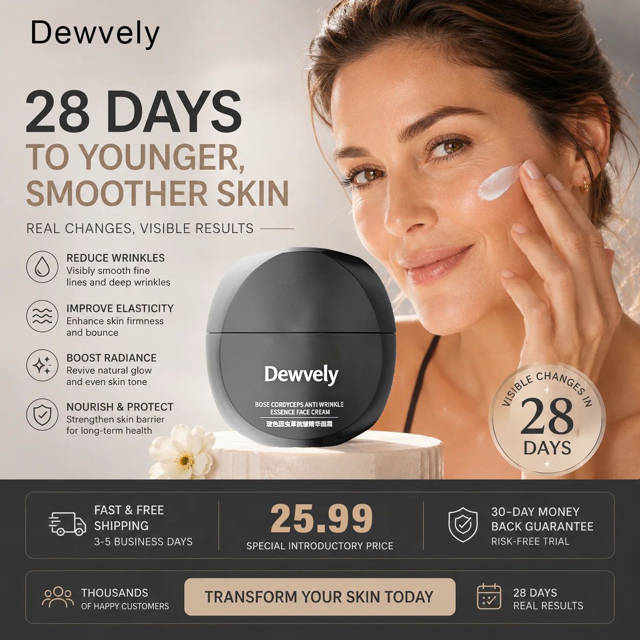 Dewvely Cordyceps Anti-Wrinkle Cream-3-in-1 formula-comprehensively cares for wrinkles on the face, eyes, and neck