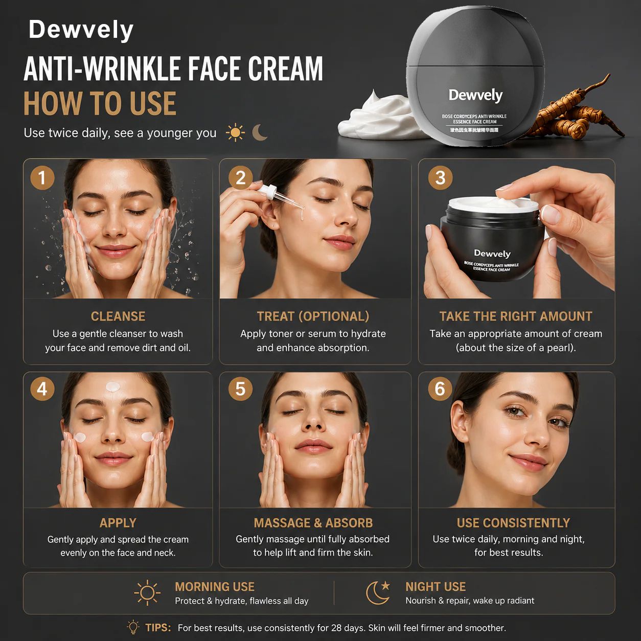 Dewvely Cordyceps Anti-Wrinkle Cream-3-in-1 formula-comprehensively cares for wrinkles on the face, eyes, and neck