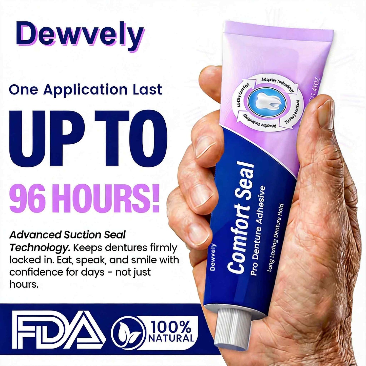 🔥 LIMITED SPECIAL OFFER 🔥 Dewvely Comfort Seal Pro Denture Adhesive🦷💜FDA Certified (Clinically Proven 96- Hour Lock Hold for Secure, Comfortable & Zinc-Free Denture Fit)