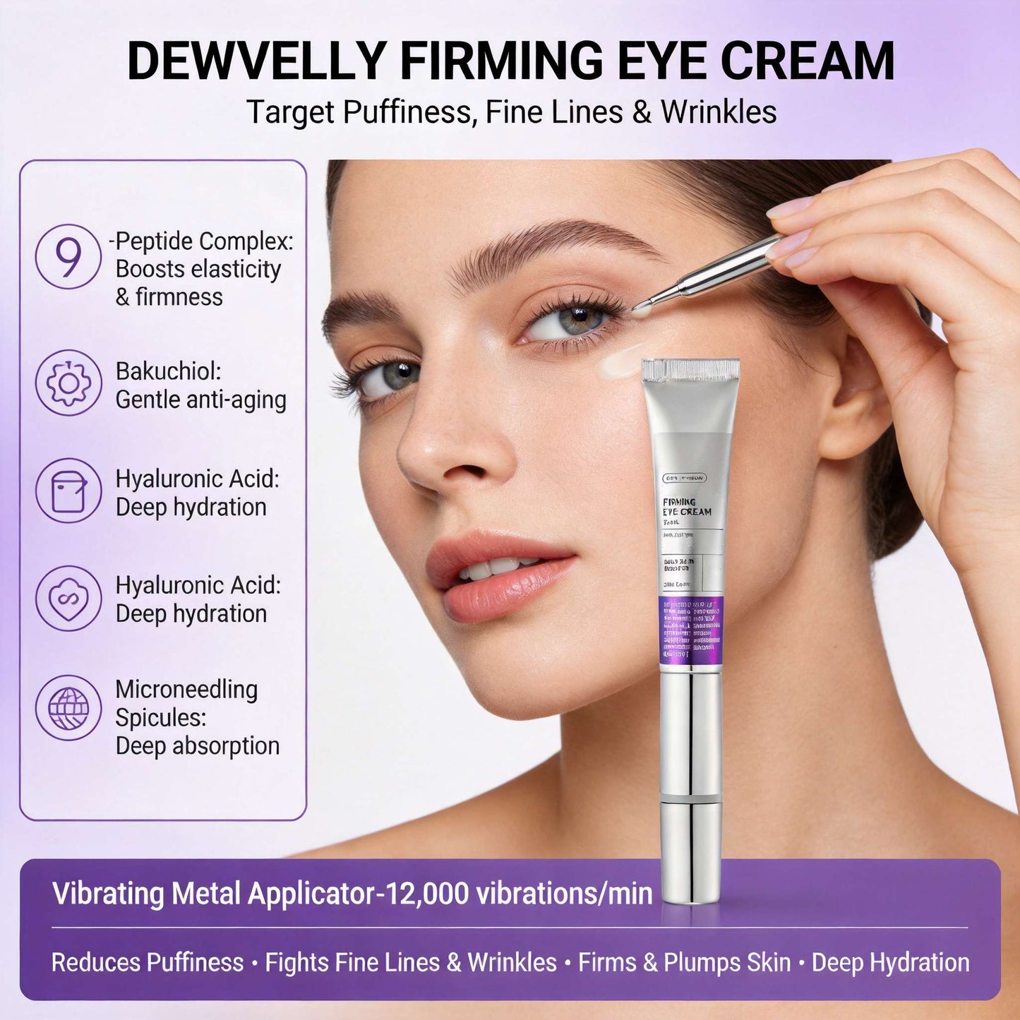 Dewvely Firming Eye Cream, 9-Peptide Complex, Bakuchiol & Hyaluronic Acid, Vibrating Metal Applicator for Puffiness, Fine Lines & Wrinkles, Korean Skincare