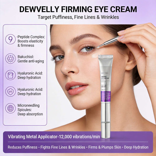 Dewvely Firming Eye Cream, 9-Peptide Complex, Bakuchiol & Hyaluronic Acid, Vibrating Metal Applicator for Puffiness, Fine Lines & Wrinkles, Korean Skincare