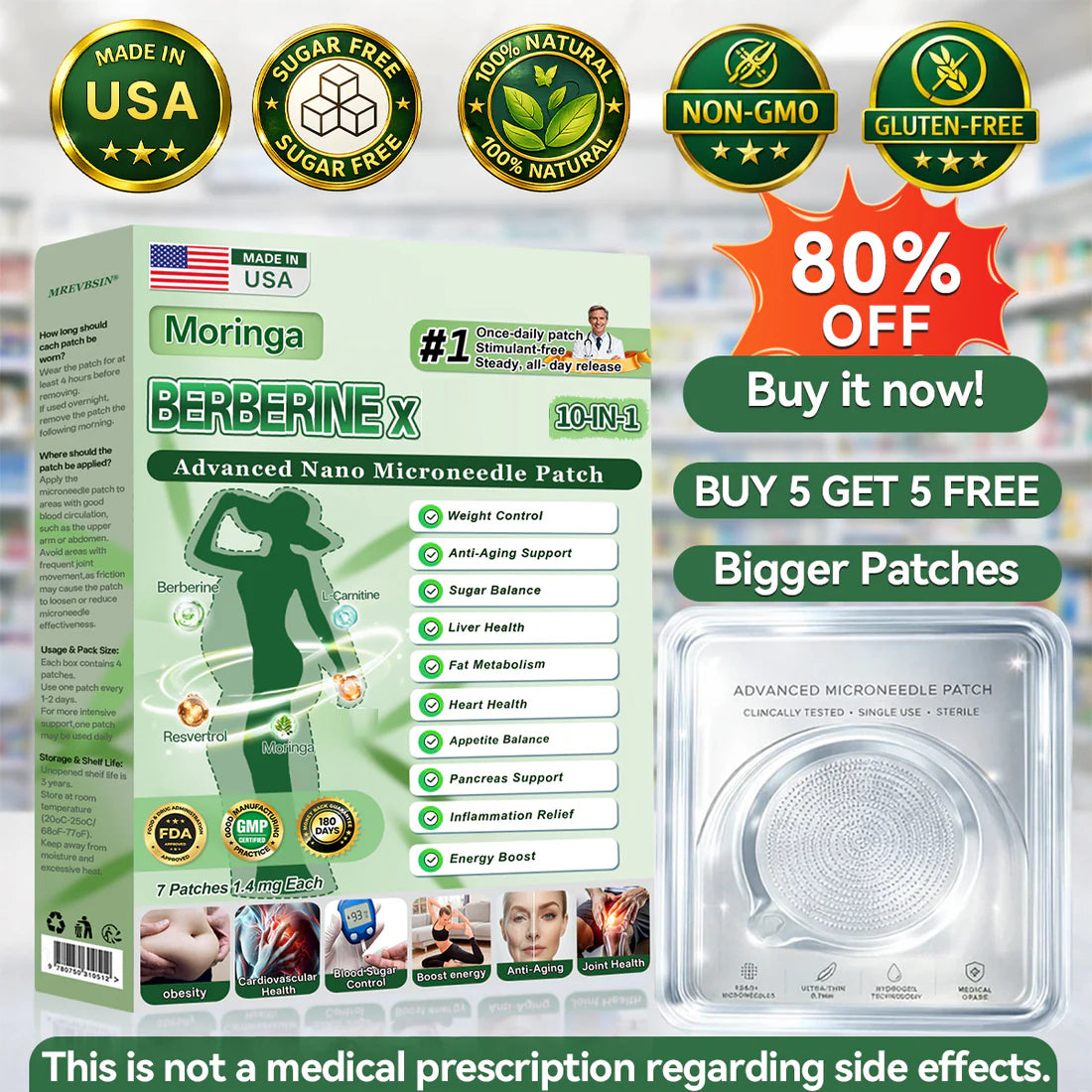Dewvely-Moringa · Berberine × 10-in-1 Advanced Nano Microneedle Patch